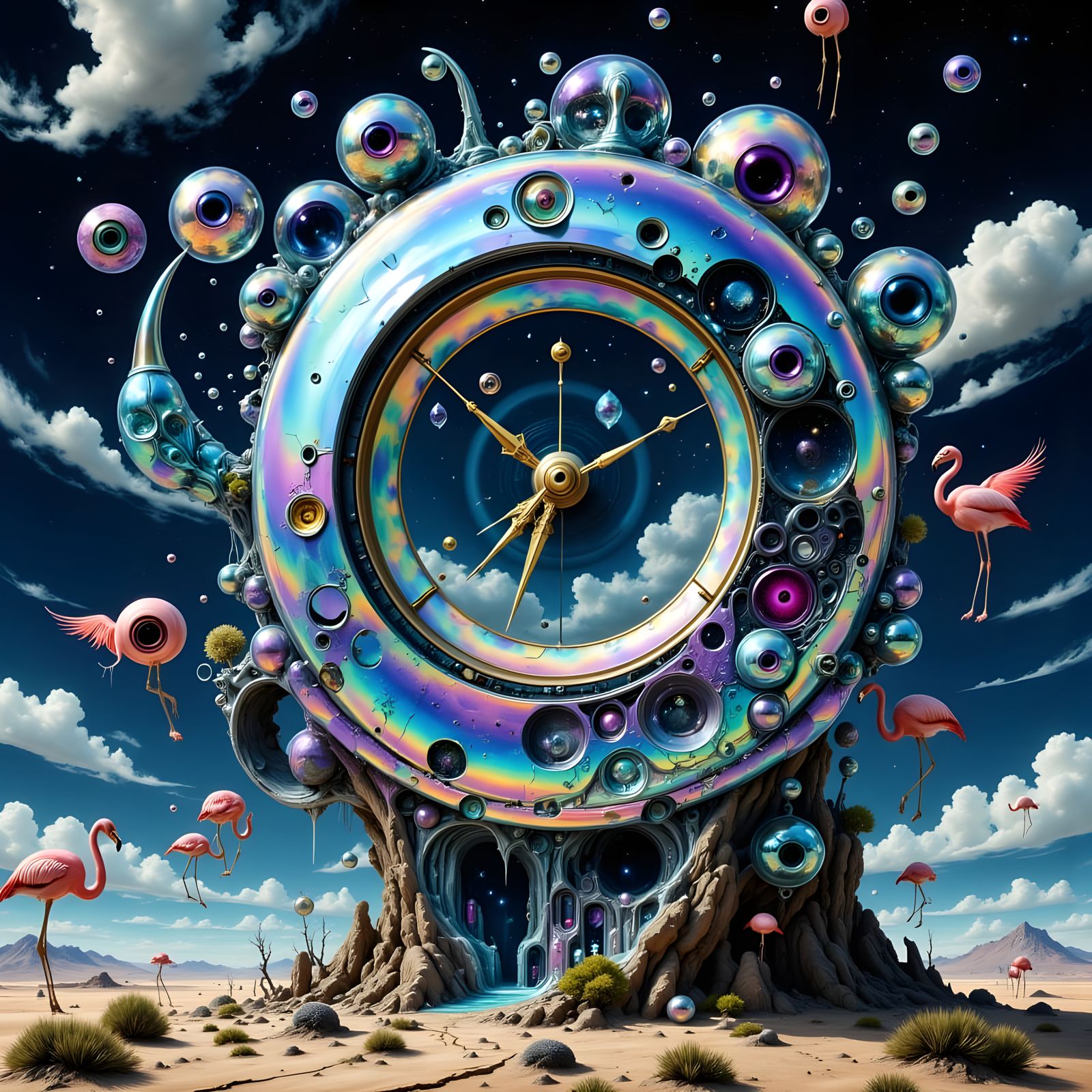 Surreal Desert Clock Melting Under Eyeball Sky