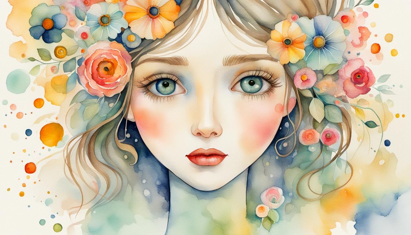 Sweet Girl with Flowers in Watercolor Style