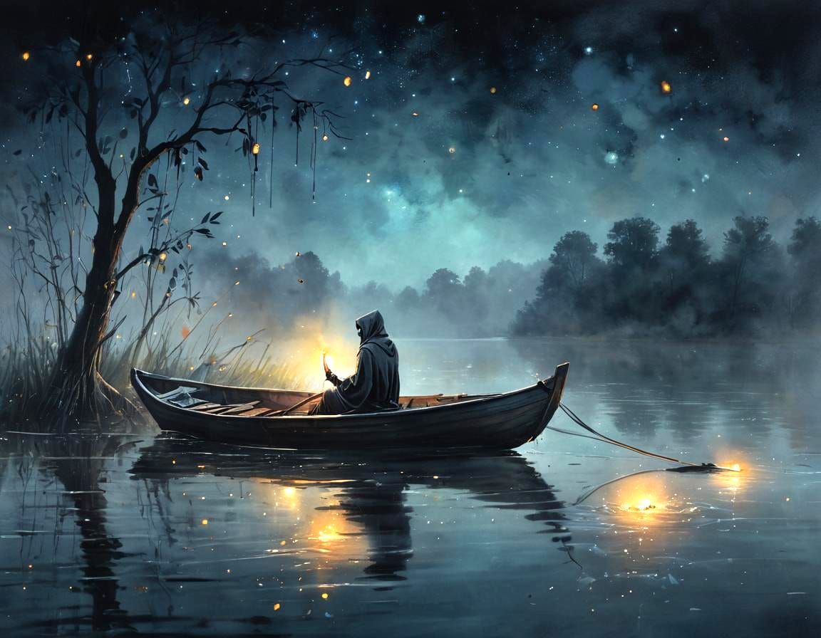 Grim Reaper's Serene Night Row: A Pastel Watercolor