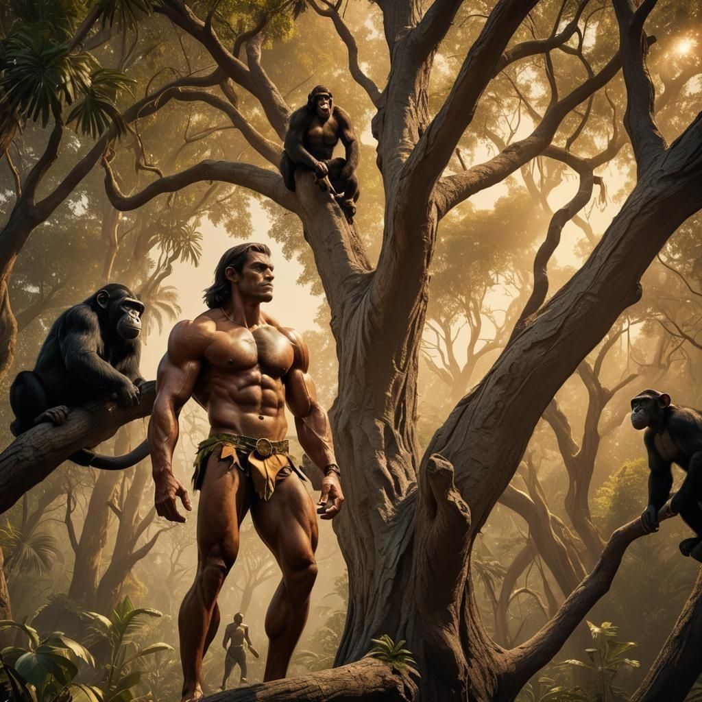 Colossal Arabian Tarzan Bodybuilder Stares at Chimpanzee