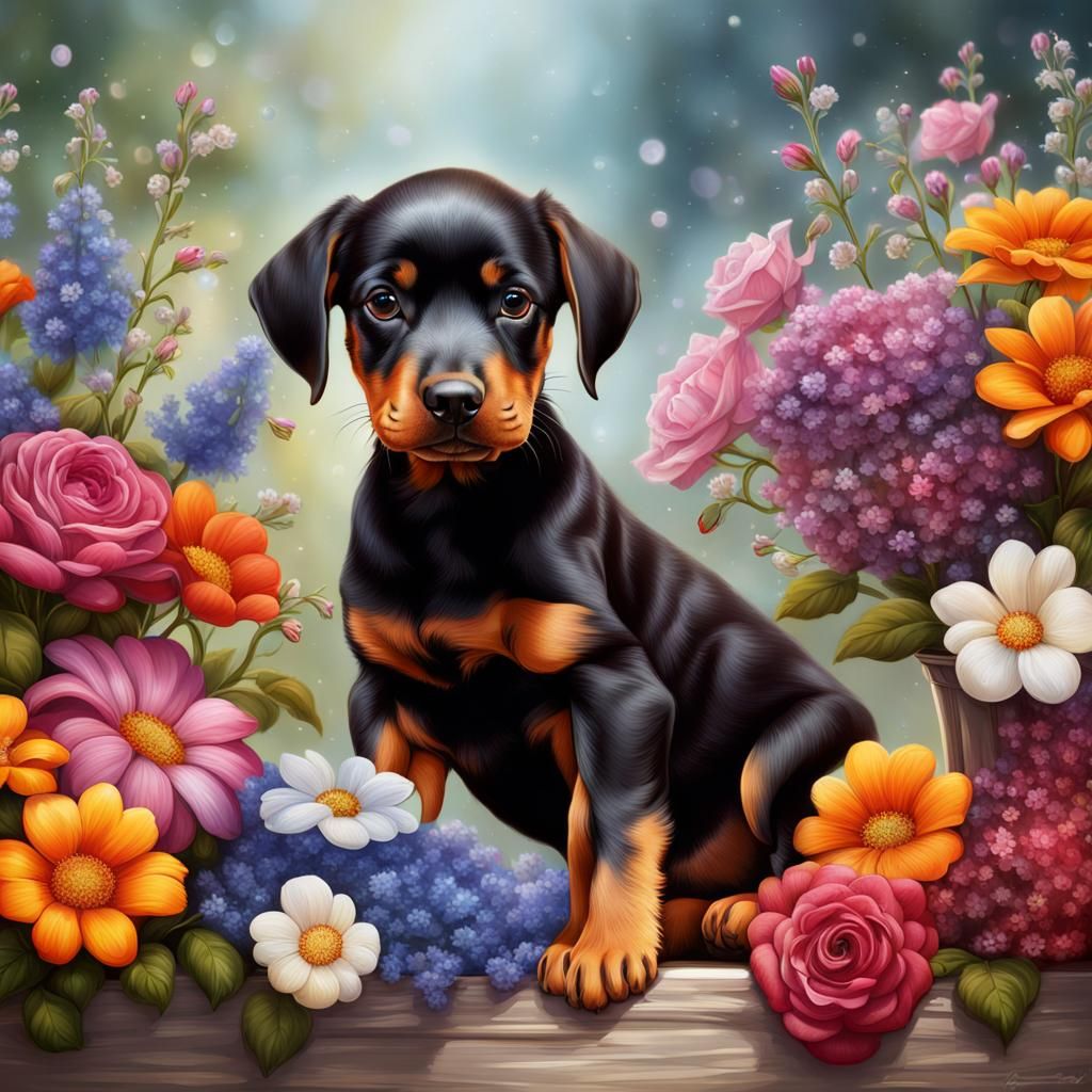 Basket of Flowers with Puppy, Oil Painting