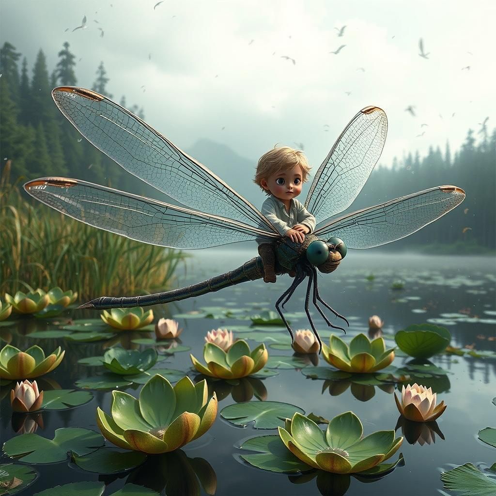 Boy on Dragonfly Soaring Over Lilypad Lake