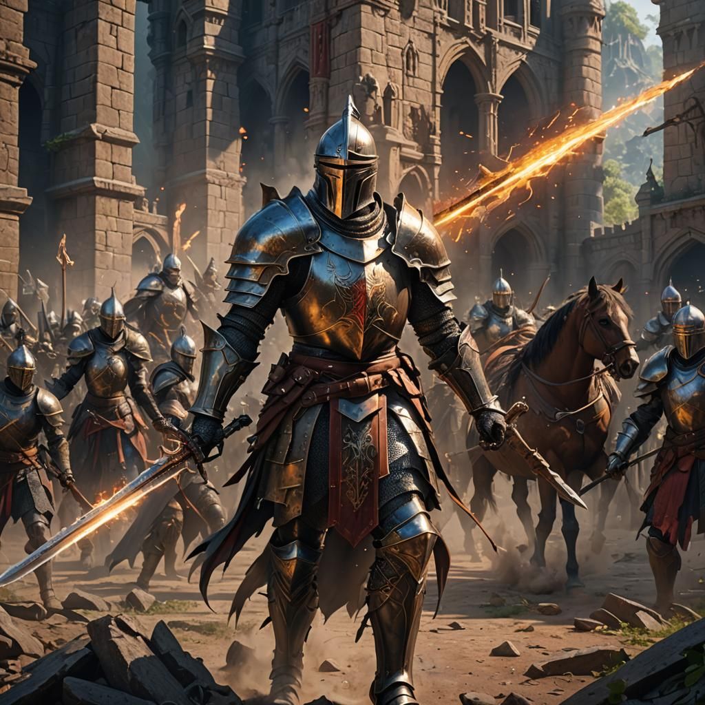 Knight Protecting Civilians in Fantasy Battle Scene