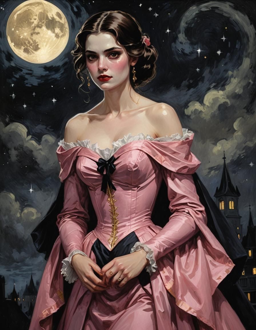 Gilded Age Vampire in Pink Dress on Starry Night