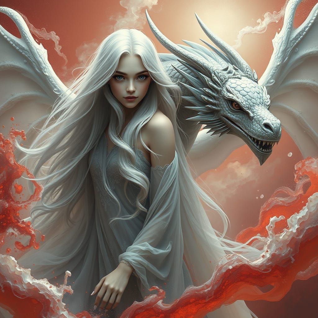Mystical Girl Surrounded by a Majestic Dragon in a Dreamlike...