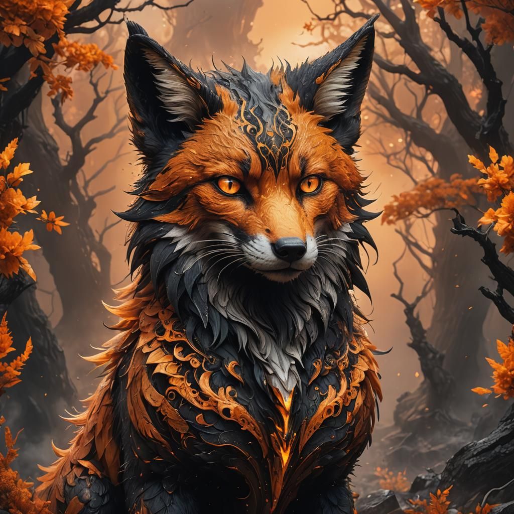 Fiery Phoenix Fox Portrait: Detailed Fantasy Art