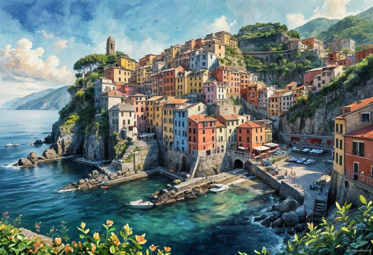 Vibrant Cinque Terre Viewed from the Sea in Watercolor Style