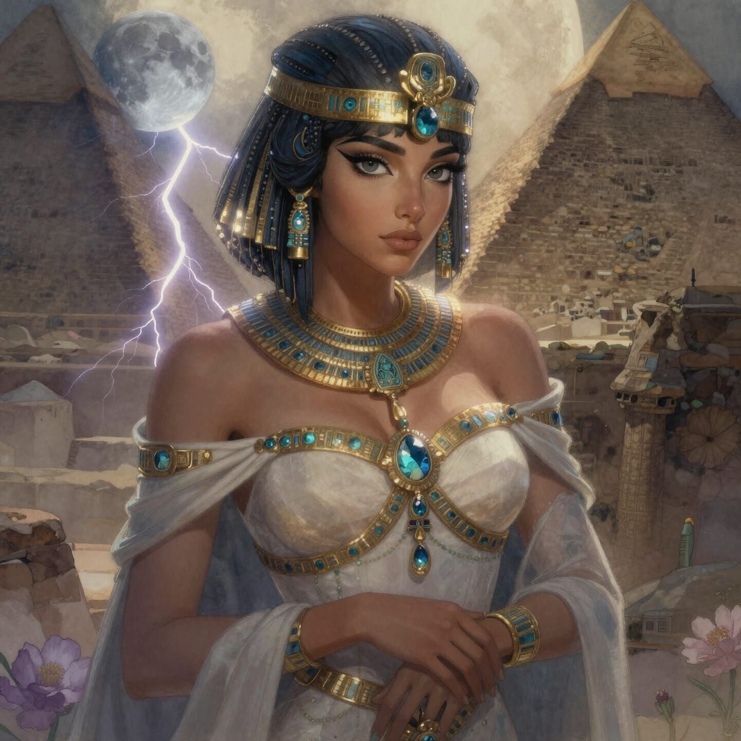 Egyptian Sorceress Summons Lightning Under Moonlight