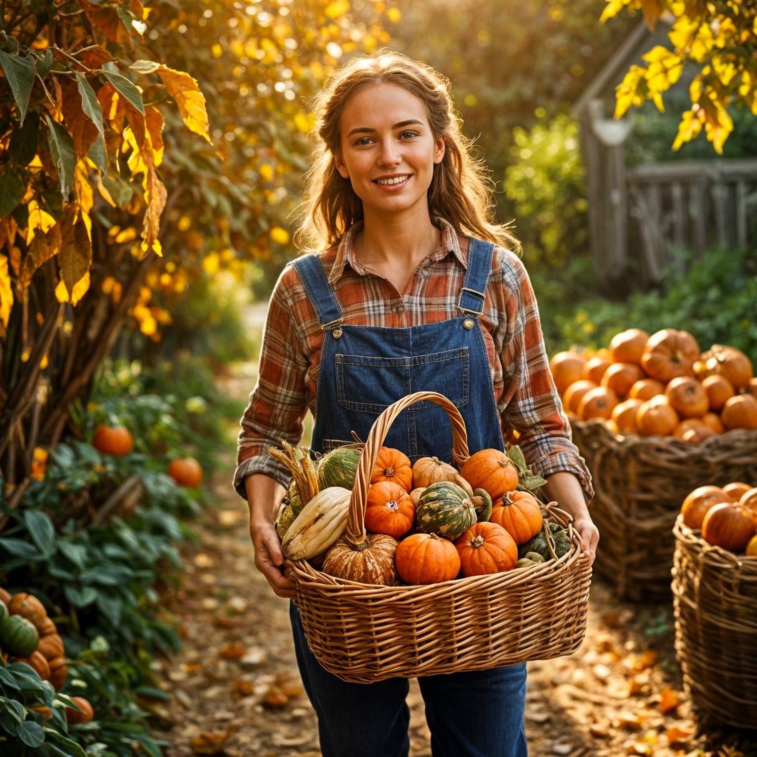 Cute Farmer with Autumn Harvest Basket