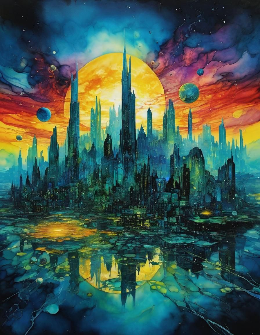 Otherworldly Liminal City in Alcohol Ink Style