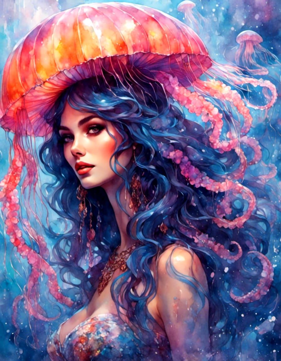 Colorful Jellyfish Girl Portrait in Gouache Style