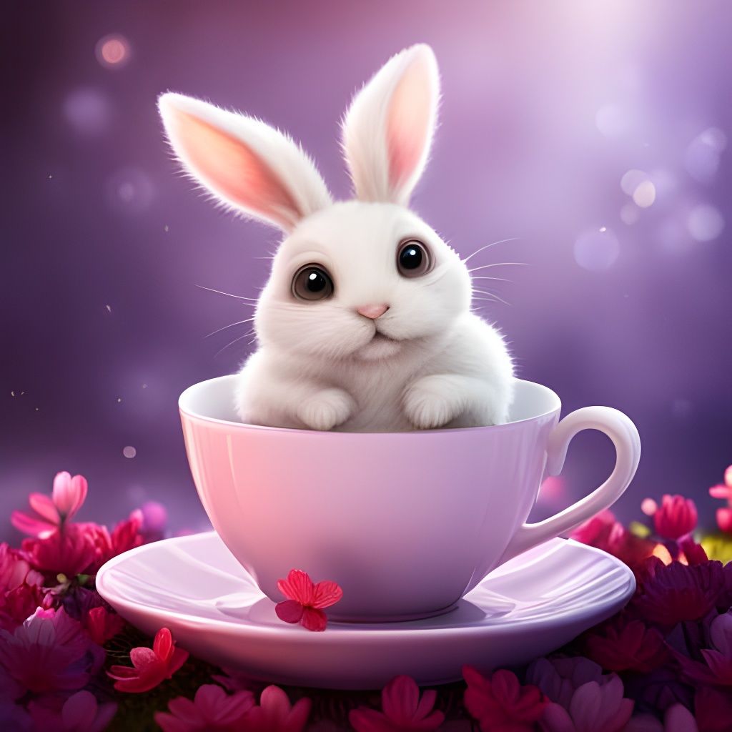 Cute Bunny in Teacup: Detailed Anthropomorphic Art