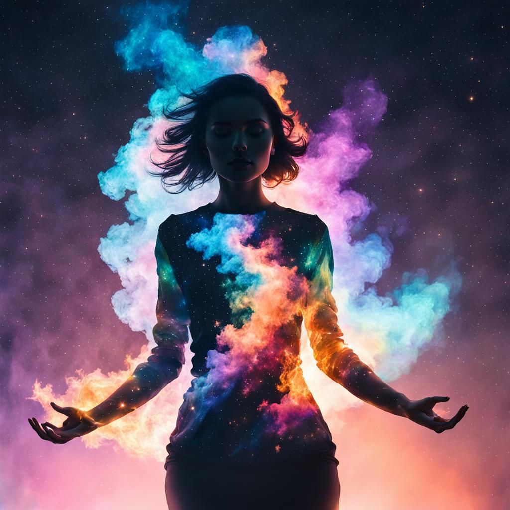 Rainbow Fire Galaxy Dream Girl in Double Exposure