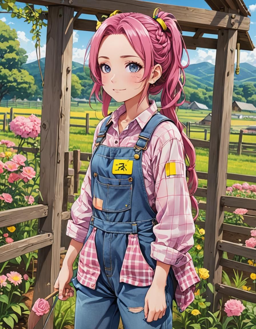 Anime Girl with Pink Hair on Farm