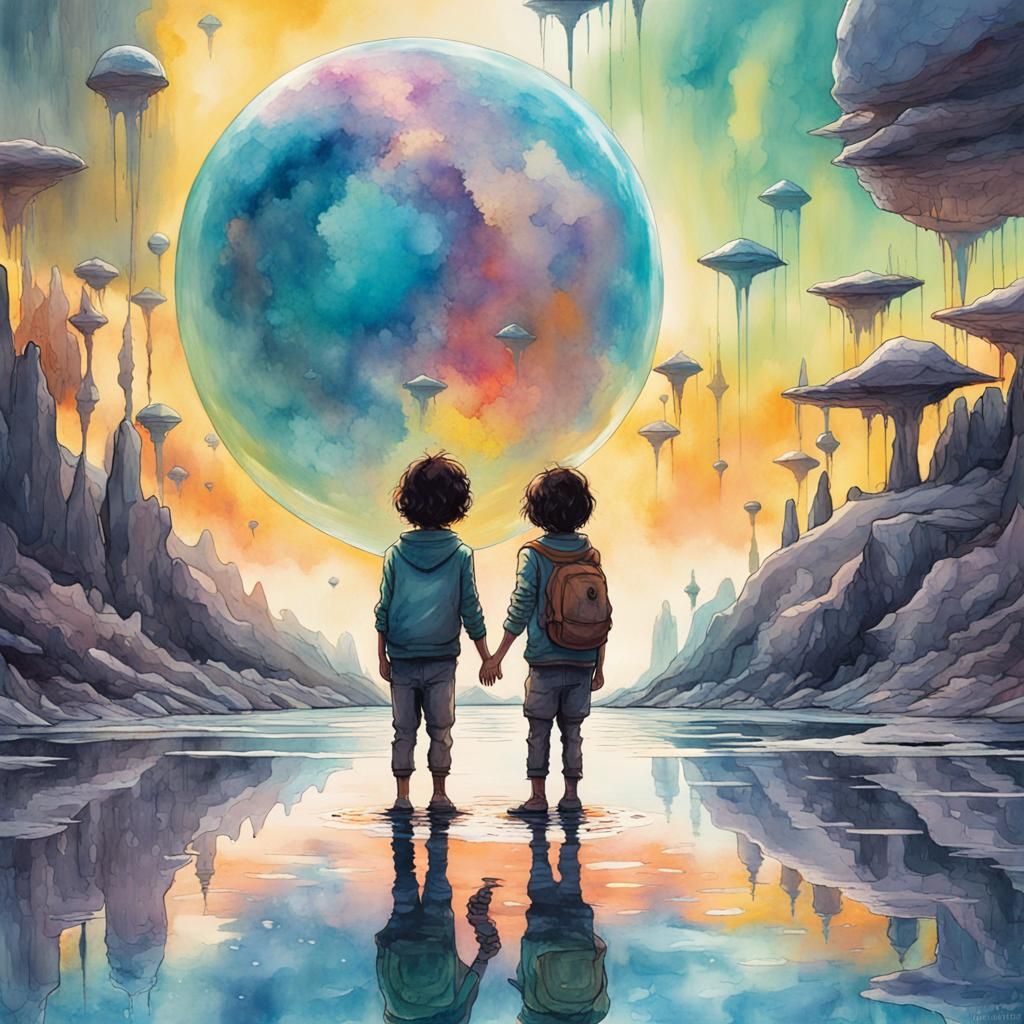 Children Hugging on Alien Planet in Watercolor Style