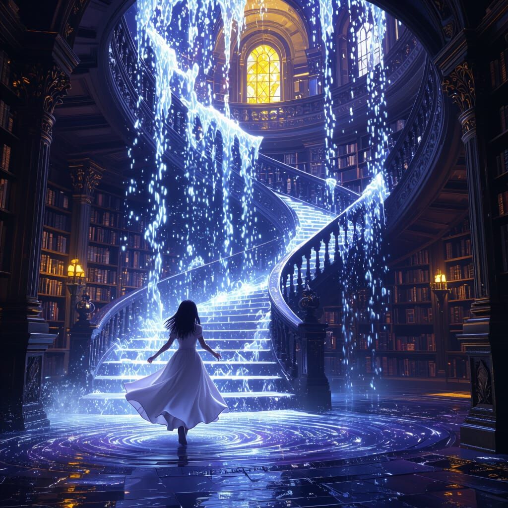 Enchanted Library Waterfall with Spiraling Staircase