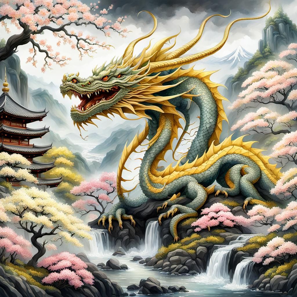 Japanese Watercolor Dragon with Blossoms and Mountains