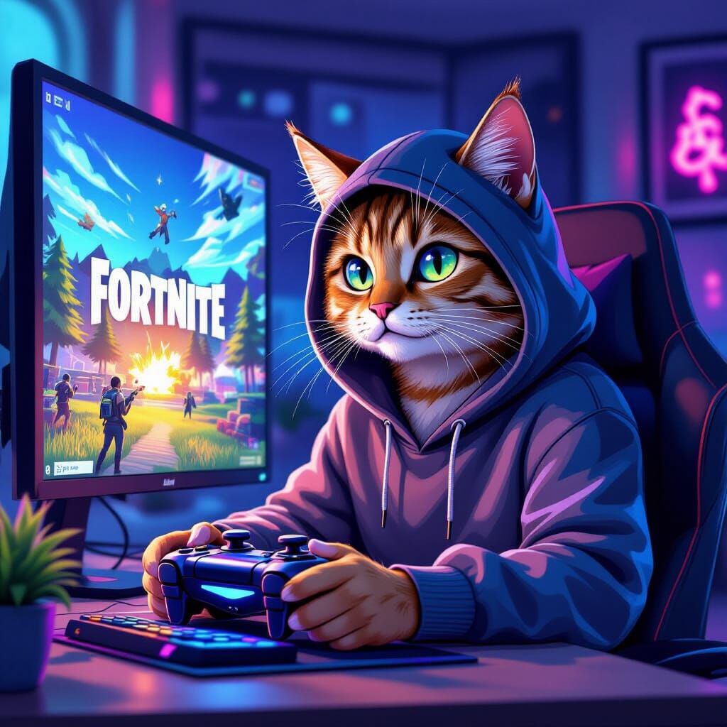 Cat Plays Fortnite in Digital Art Style