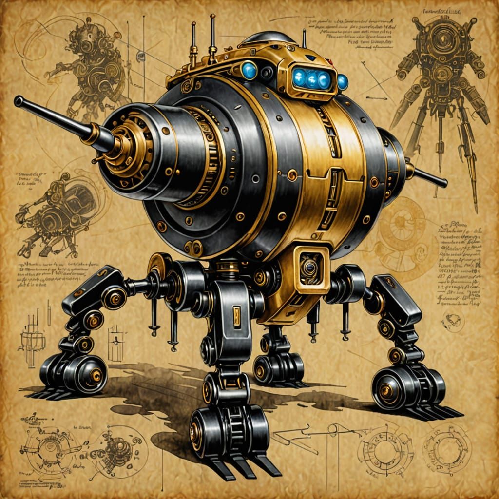 Retro-Futuristic Robot on Parchment in Hyper-Realistic 3D