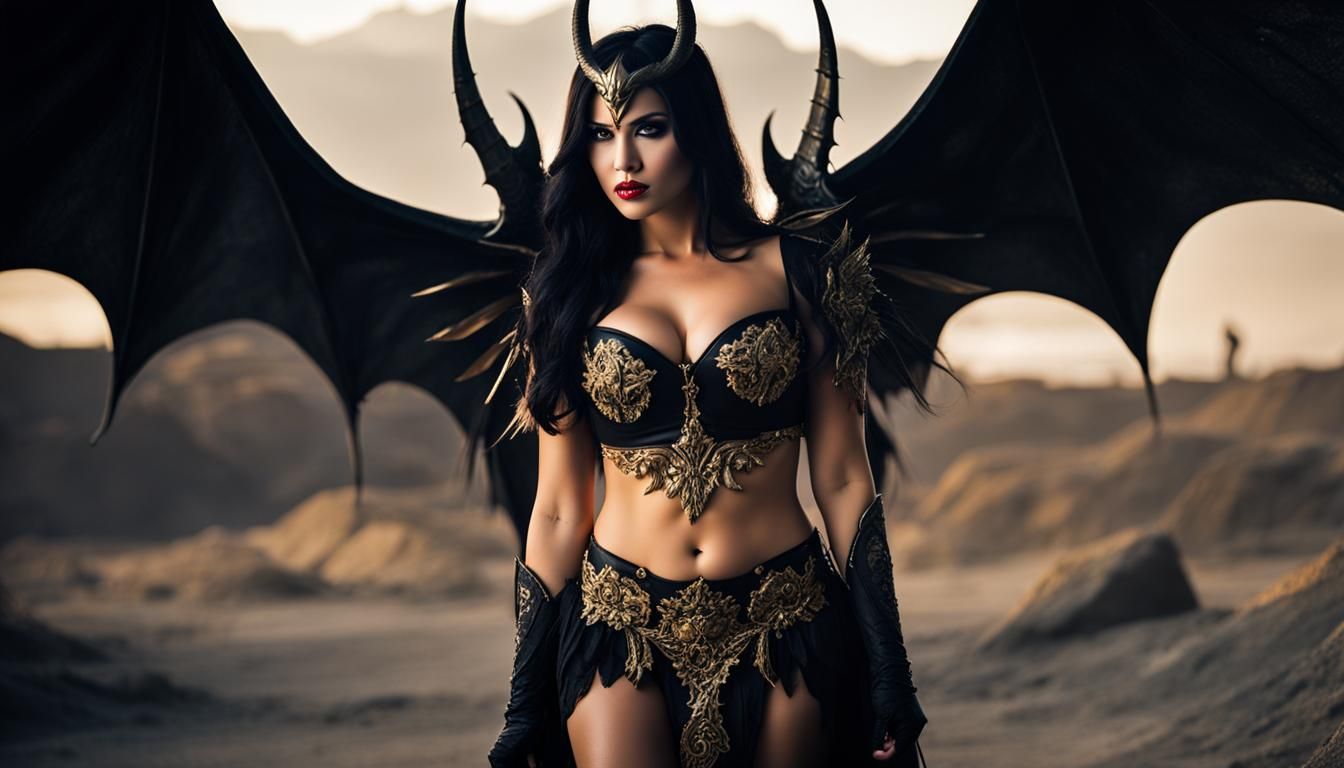 Demon Knight with Golden Wings in Hellish Abyss