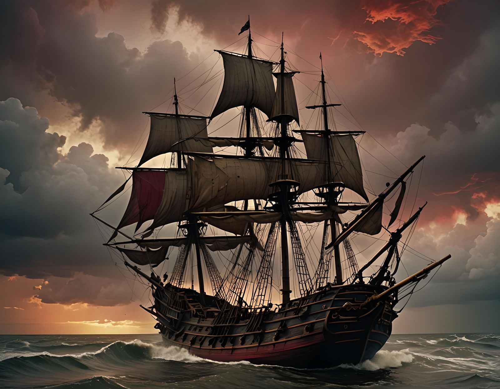 Pirate Galleon Battles Tempestuous Crimson Sky