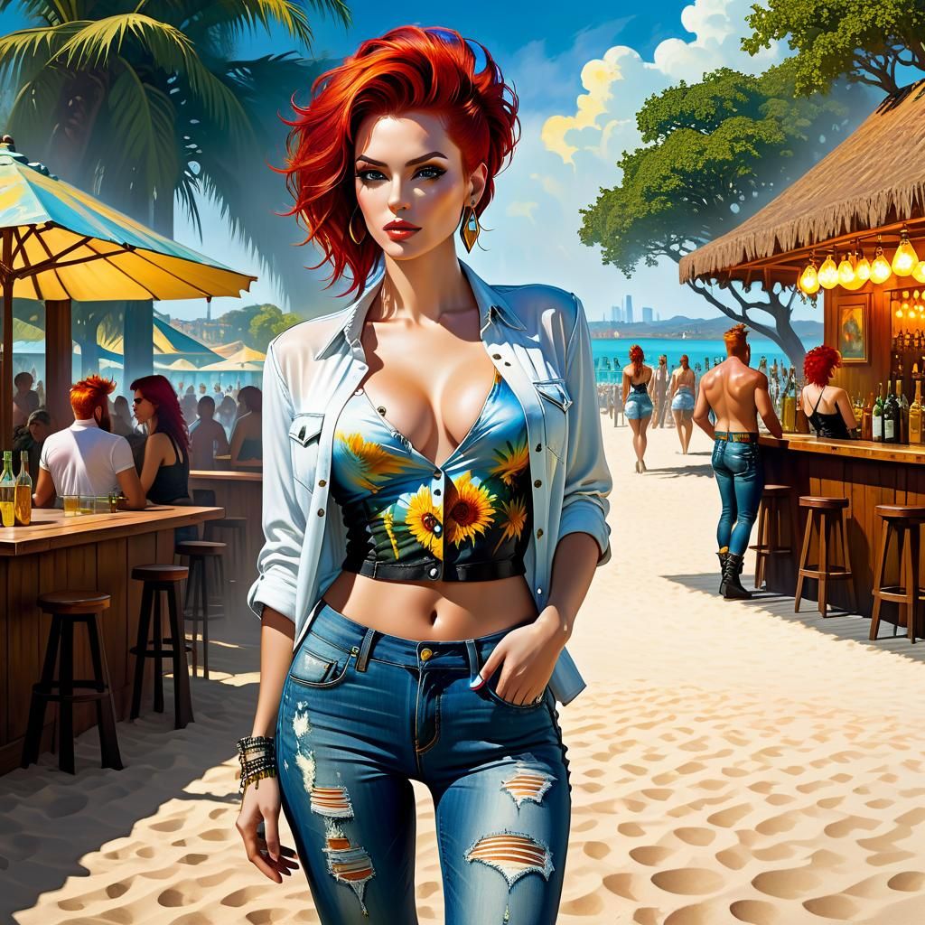 Punk Redhead in City Park, Digital Art