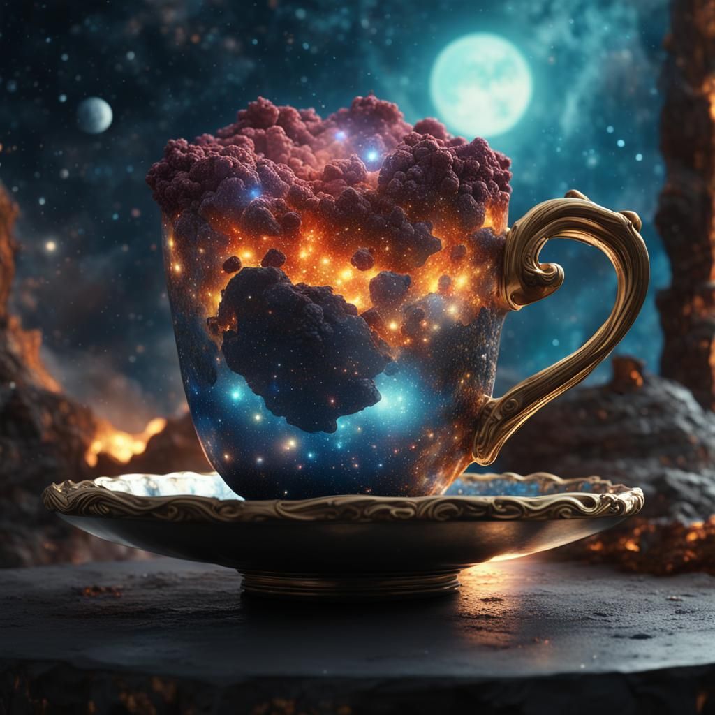 Surreal Tea Cup Landscape in Art Nouveau Style