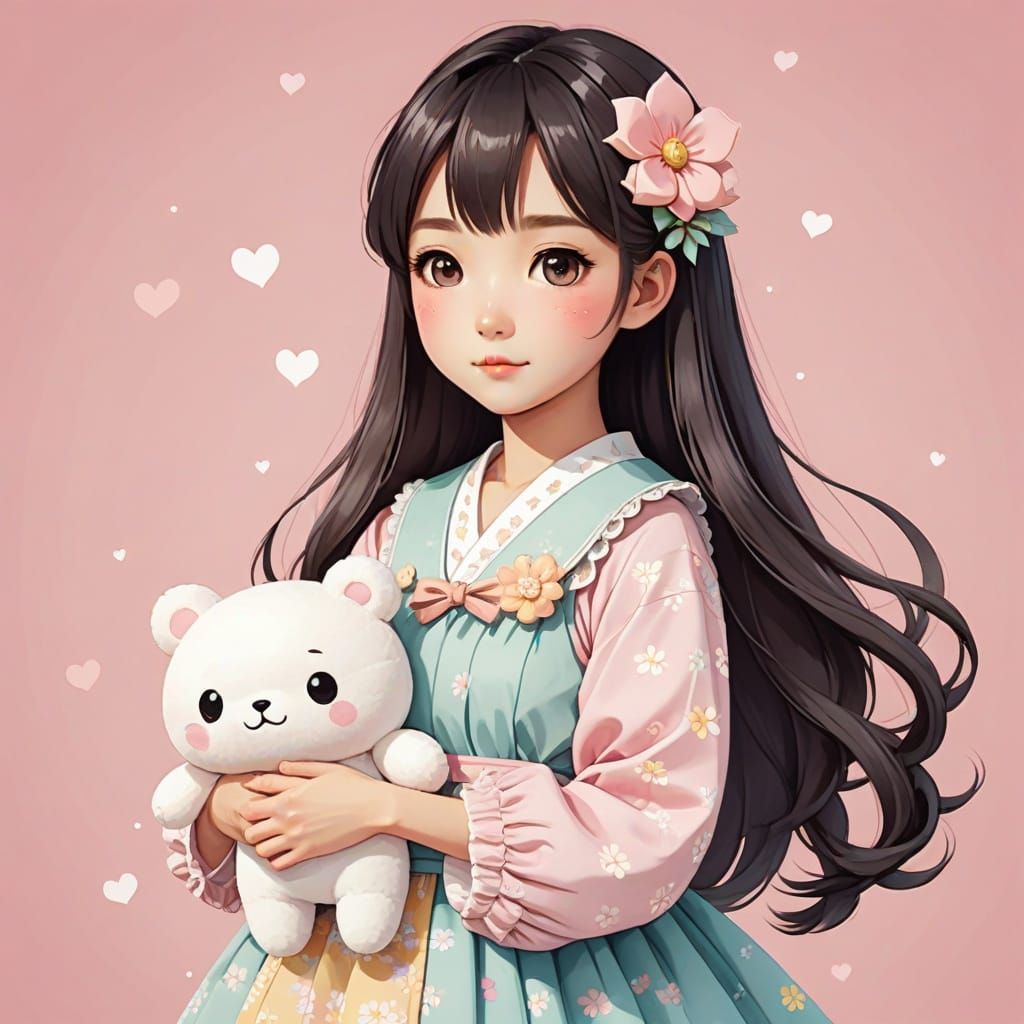 Japanese Woman with Plushie in Kawaii Anime Style