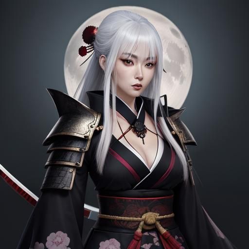 Anime Samurai Girl Under the Moon
