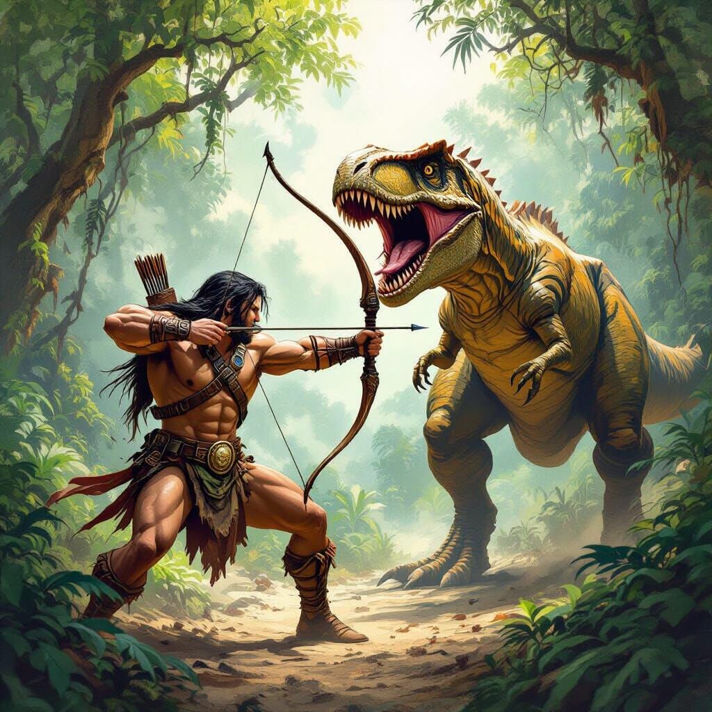 Turok Battles a T-Rex in Prehistoric Jungle
