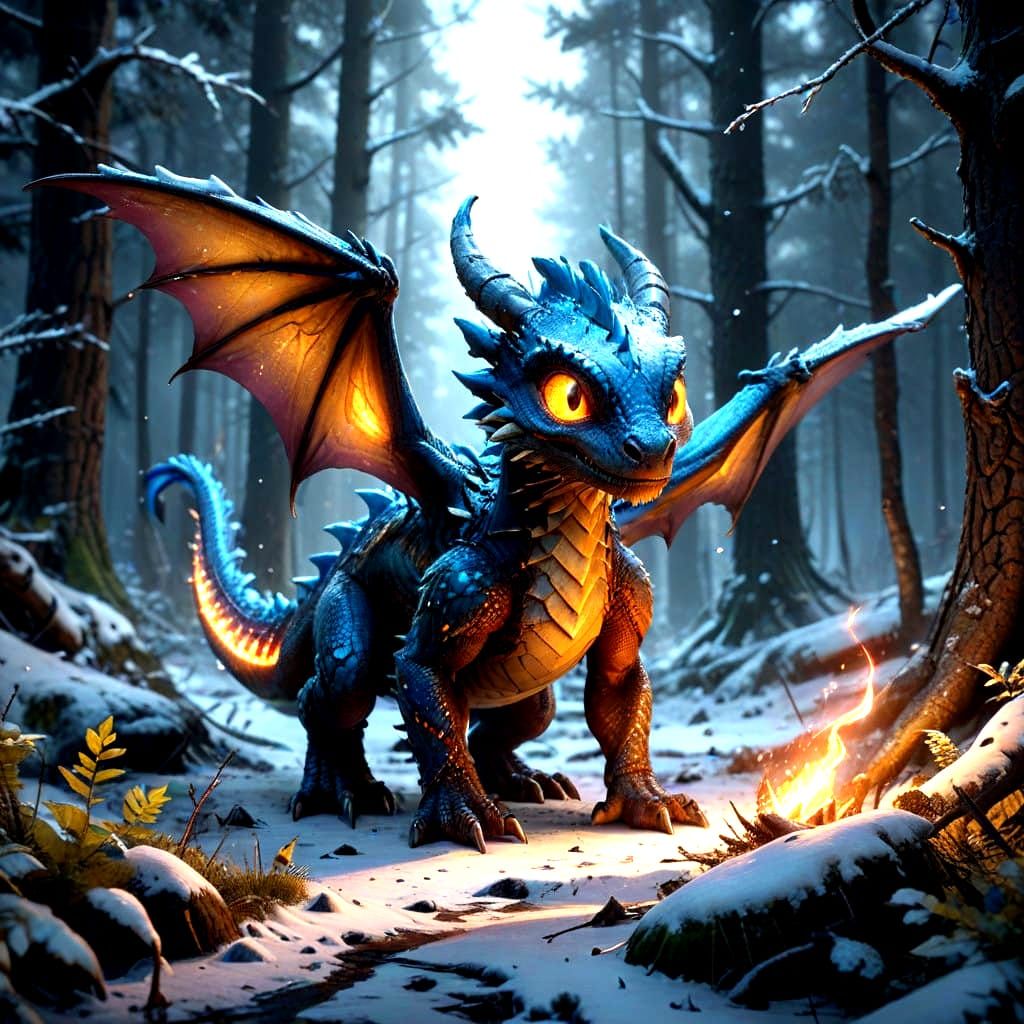 Baby Dragon Plays in Frosty Snowy Forest with Sparkling Flam...