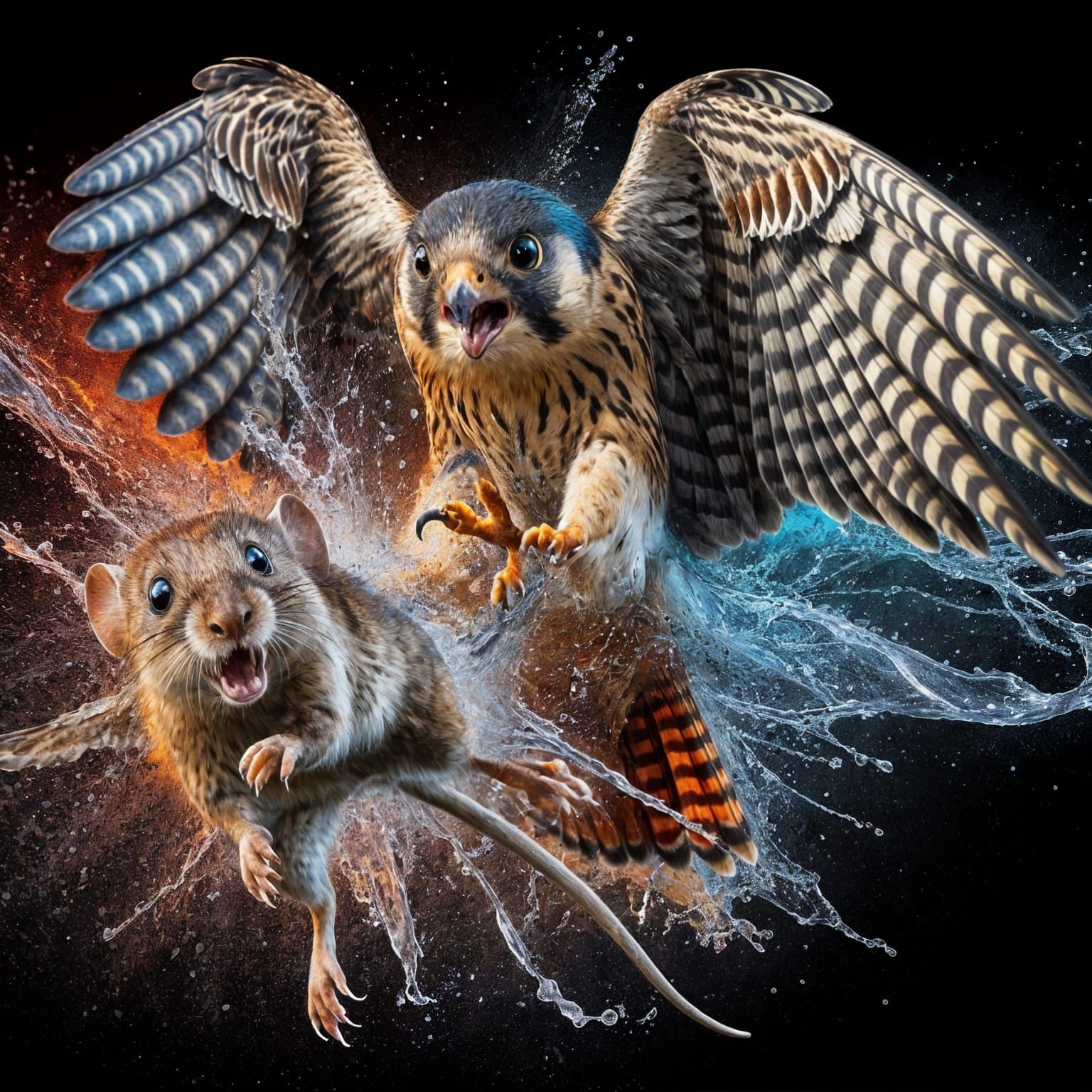Falcon Captures Mouse: Hyperrealistic Splash Art
