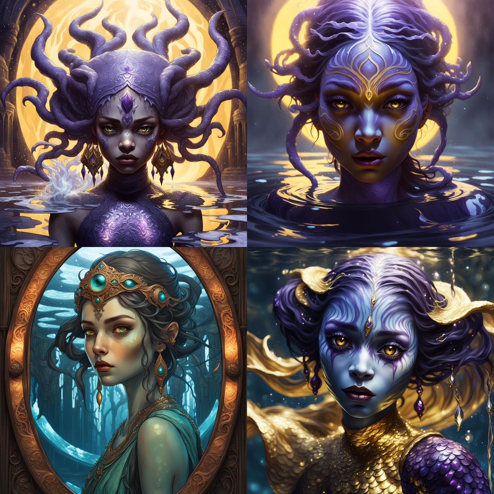 Water Djinn's Reflection: Dark Fantasy Concept Art