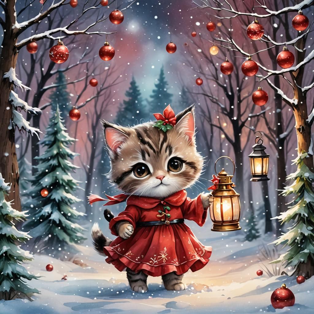 Enchanted Christmas Kitten in Snowy Forest