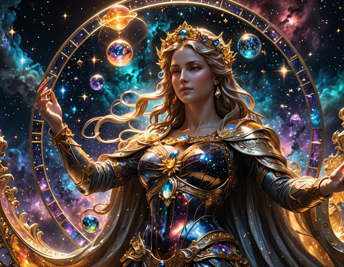 Glass Nebula Scales Statue with Glowing Stars