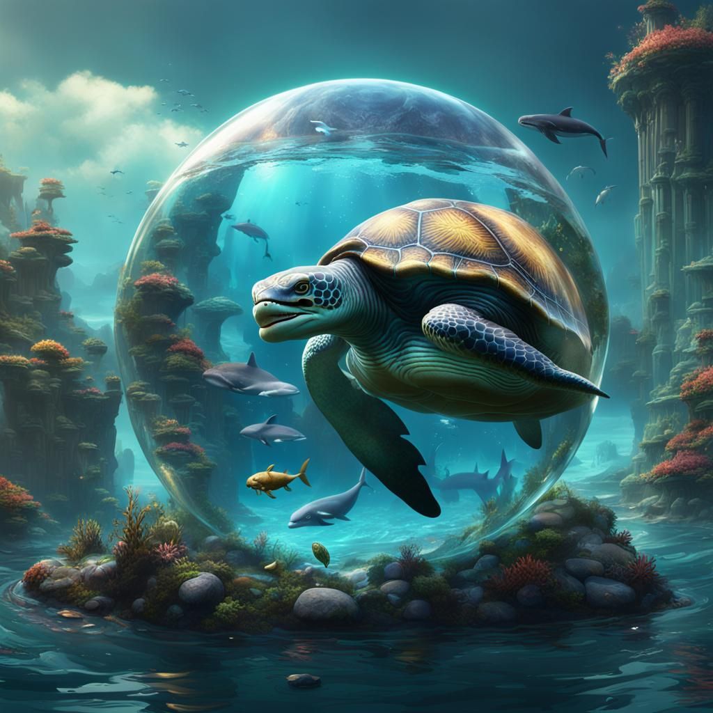 Dragon, Turtle, Dolphin, and Whale in Water Bubble