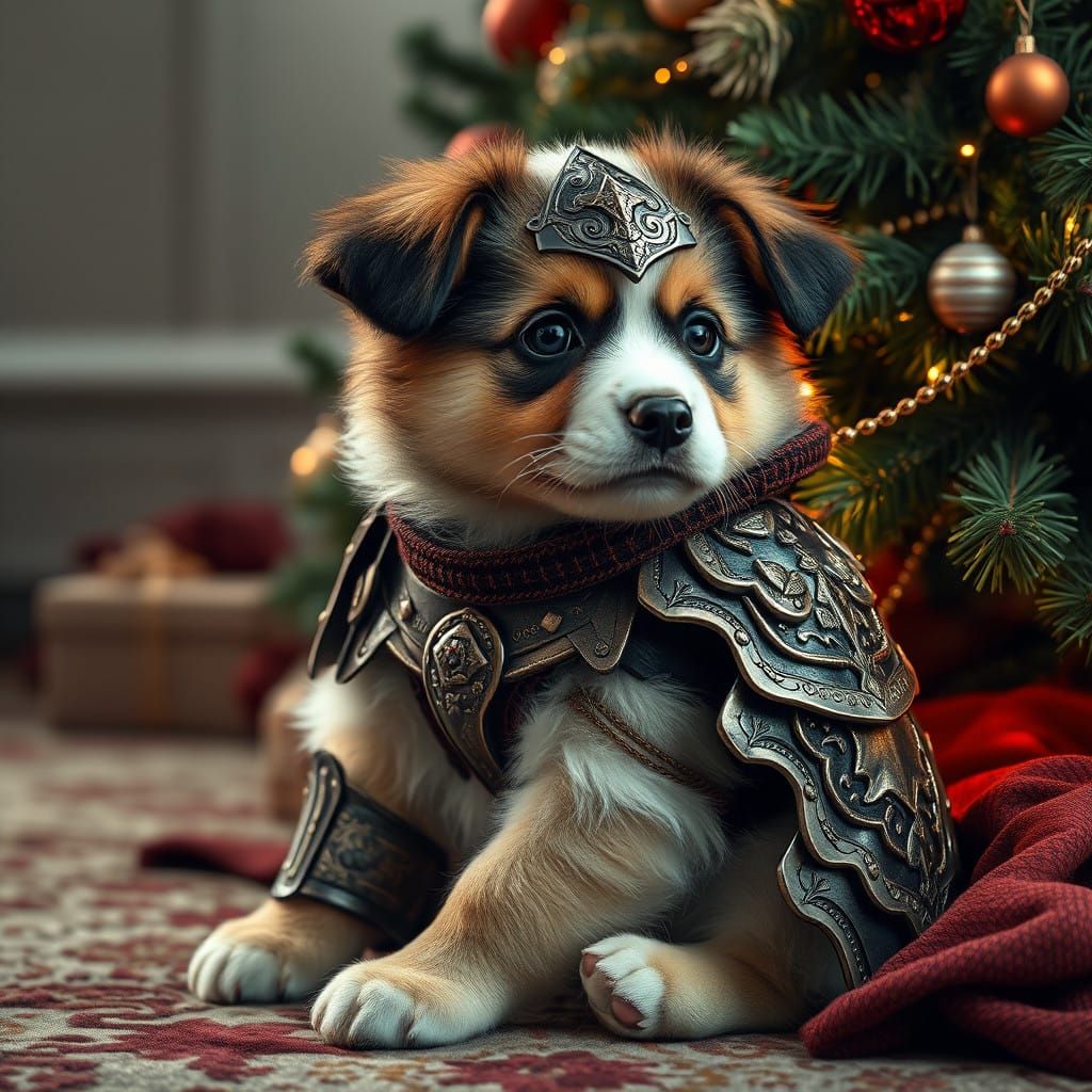 Hyperrealistic Puppy in Armor Beside Christmas Tree