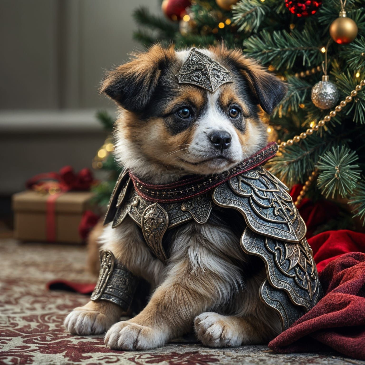 Hyperrealistic Armored Puppy Near Christmas Tree