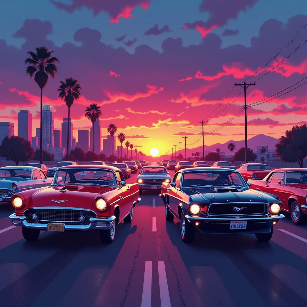 Classic Cars in LA Sunset, Synthwave Style
