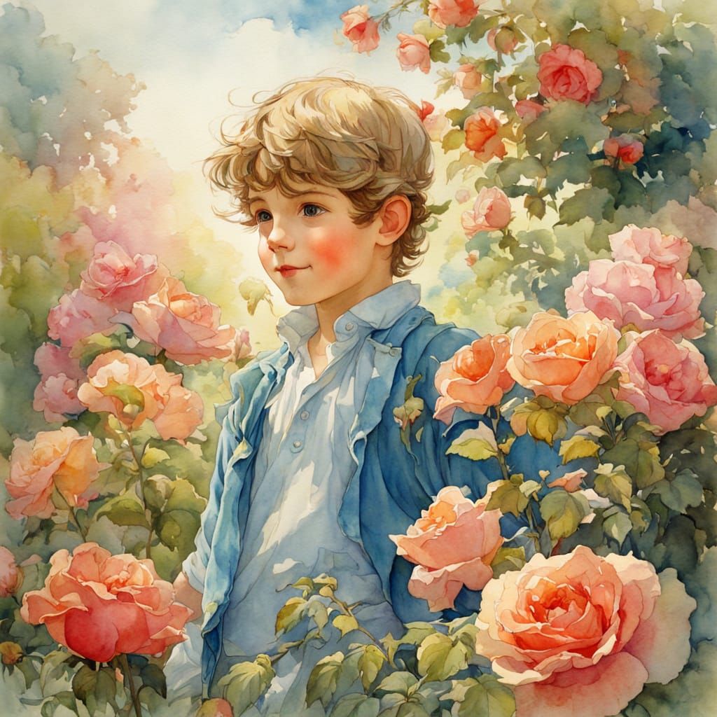 Cheerful Boy in Rose Garden as Colorful Watercolor
