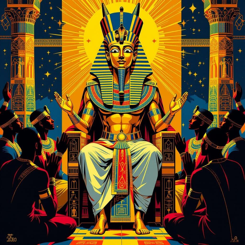 Gilded Pharaoh Surrounded by Worshippers in Pop Art Style