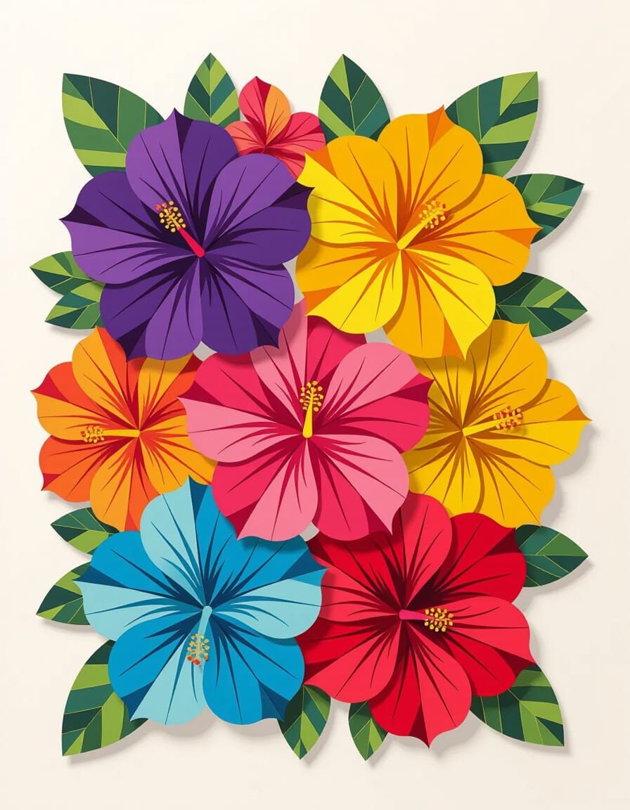 Vibrant Hibiscus Collage in Prismatic Colors
