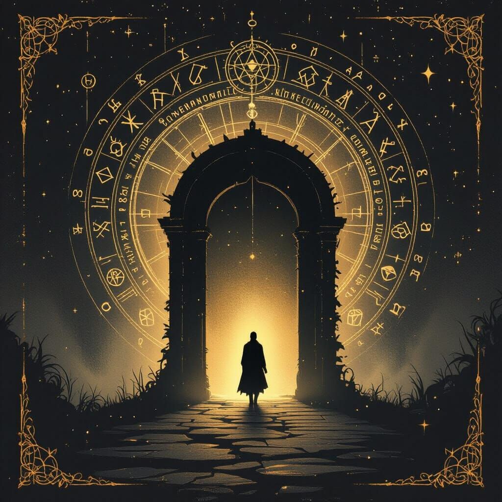 Arcane Symbols and Shadowy Figure in Matte Black