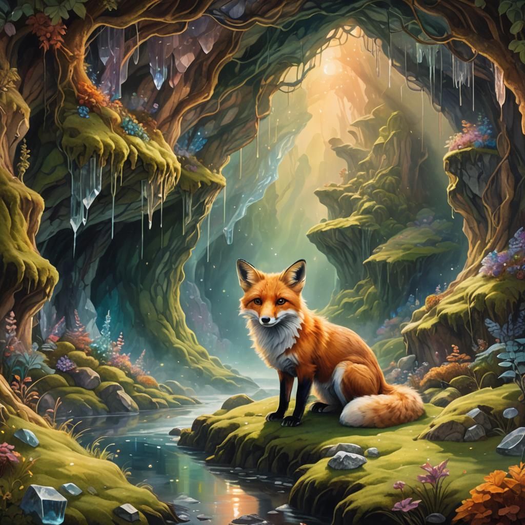 Fox in Crystal Cave: Ethereal Oil Painting
