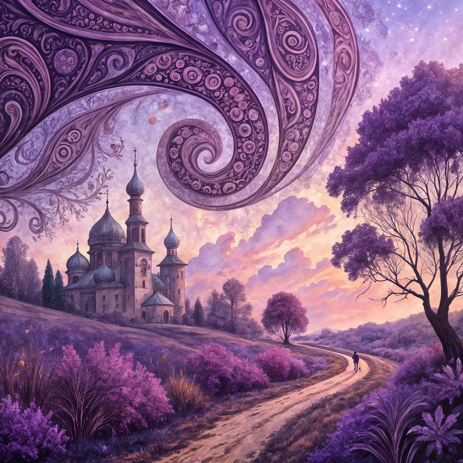 Whimsical Landscape in the Style of Gustav Klimt and Joan Mi...