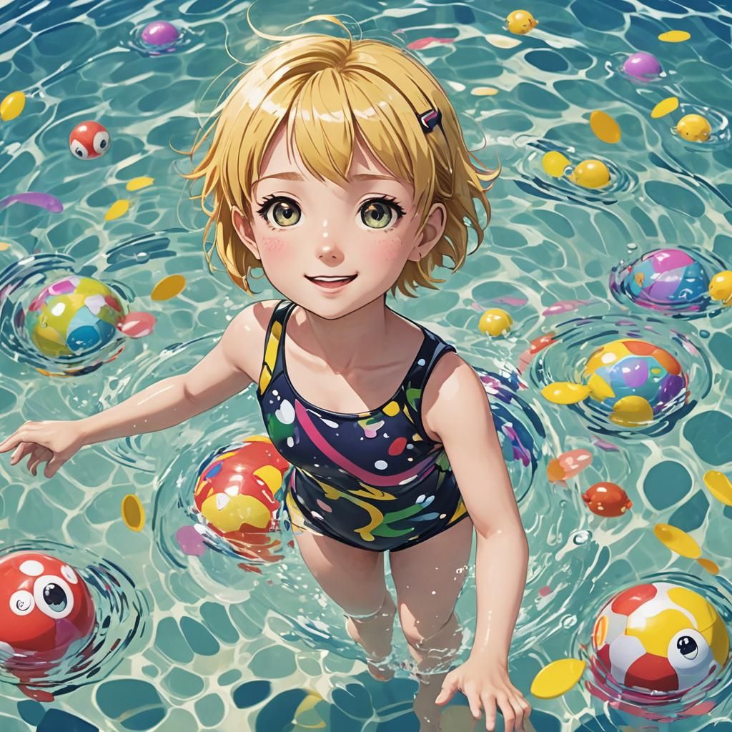 Cute Girl in Kindergarten Pool, Anime Cartoon Style
