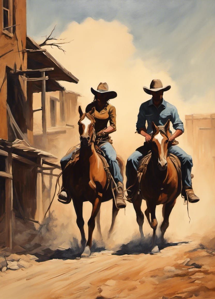 Cowboy Couple's Daring Escape Through Dusty Town