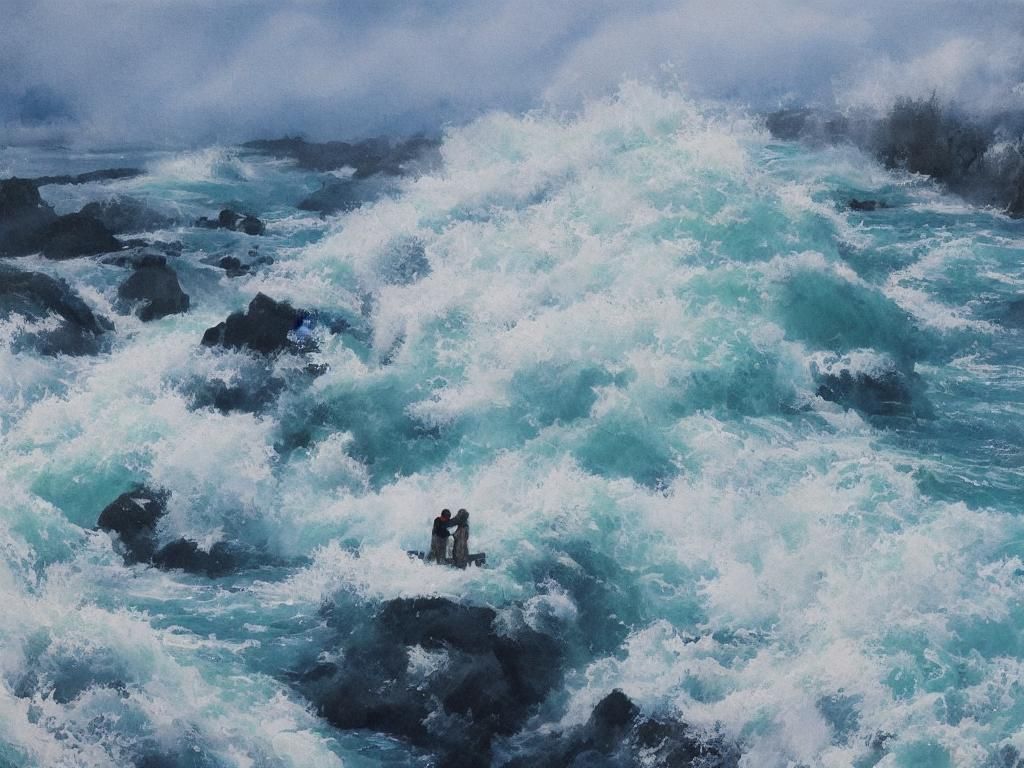 Romantic Couple Kissing at Niagara Falls: Realist Painting