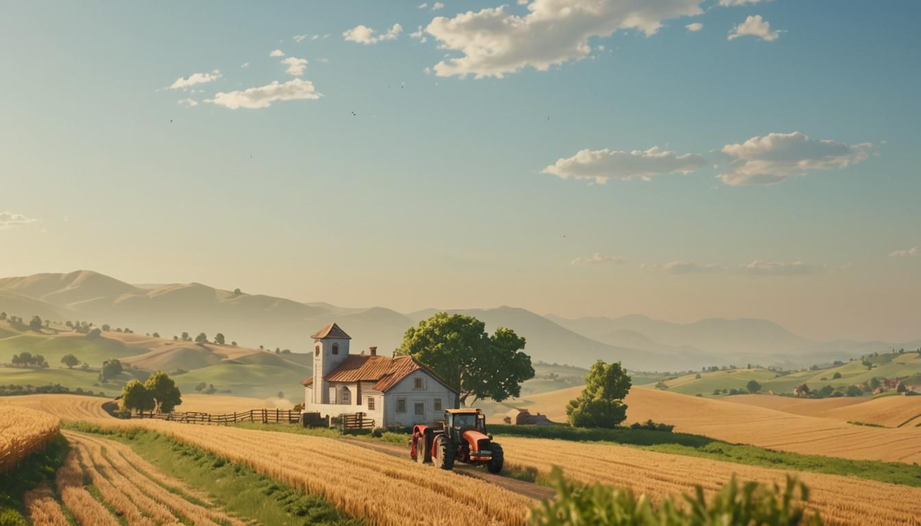 Tractor on Farm Road in Golden Hour 3D Rendering