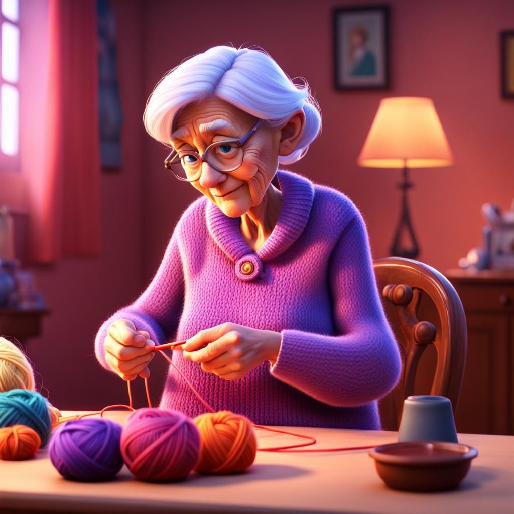 Grandmother Knitting: Pixar-Style 3D Digital Art